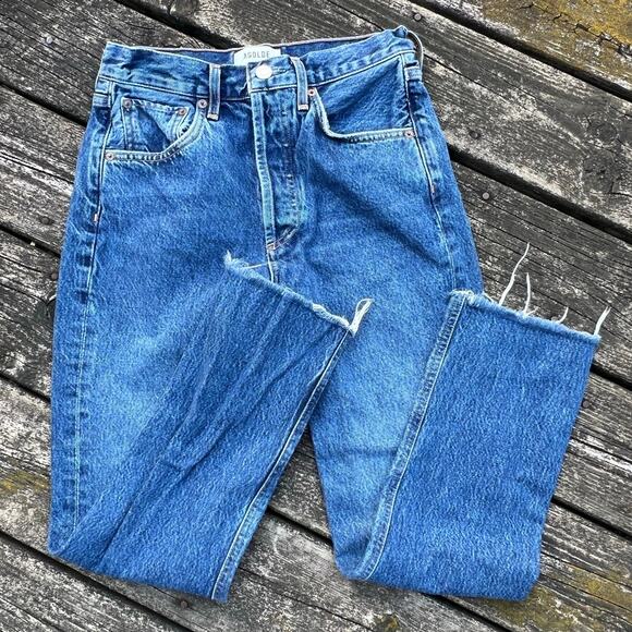AGOLDE Riley Crop Jeans Women Size 24 High Rise Straight Leg Raw Hem Blue Denim‎ - Picture 6 of 8